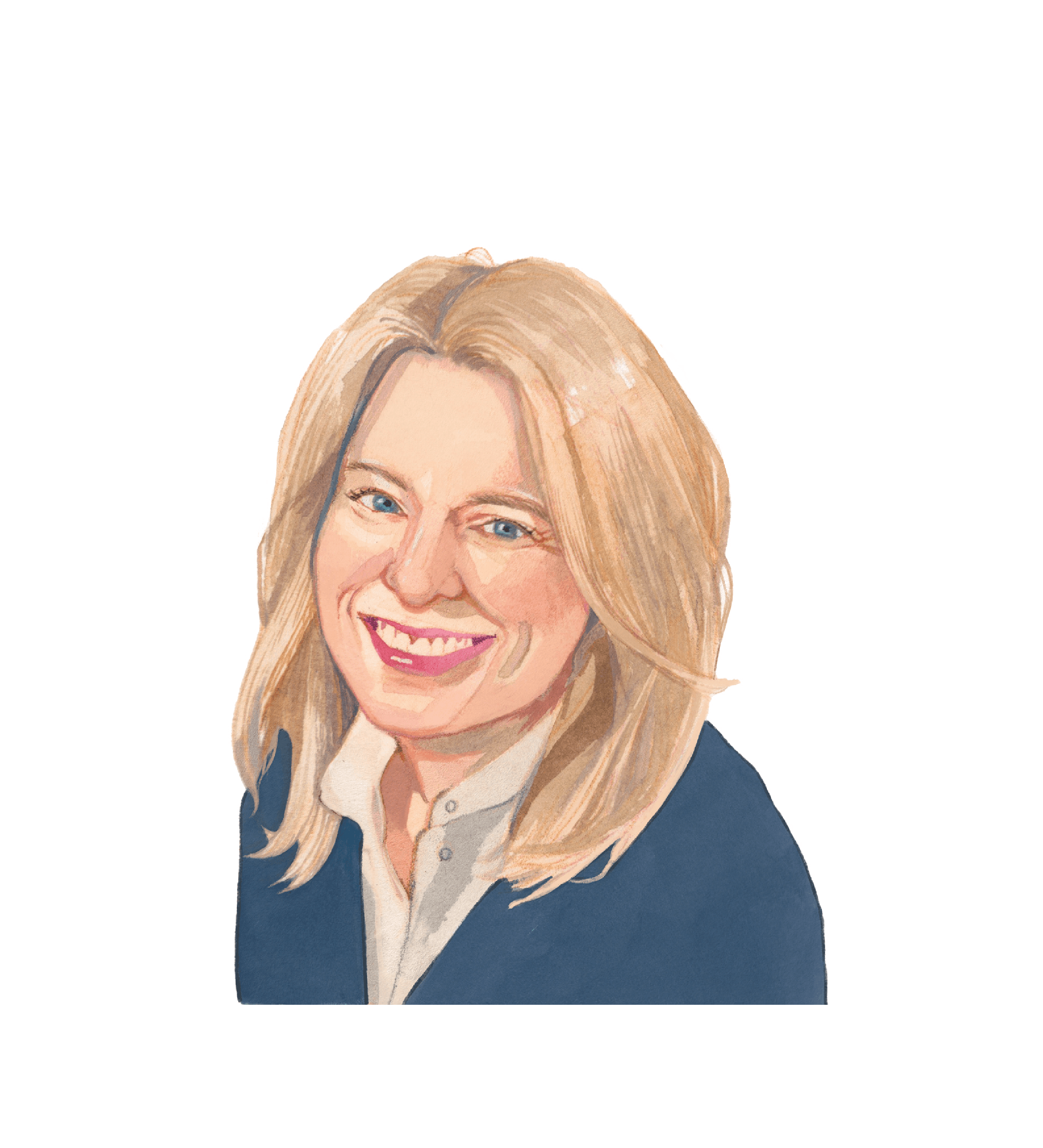 Color illustration of Anna Harvey, a person with a light skin tone wearing a dark blue suit and tan shirt. They have blonde medium length hair and a broad smile on their face.