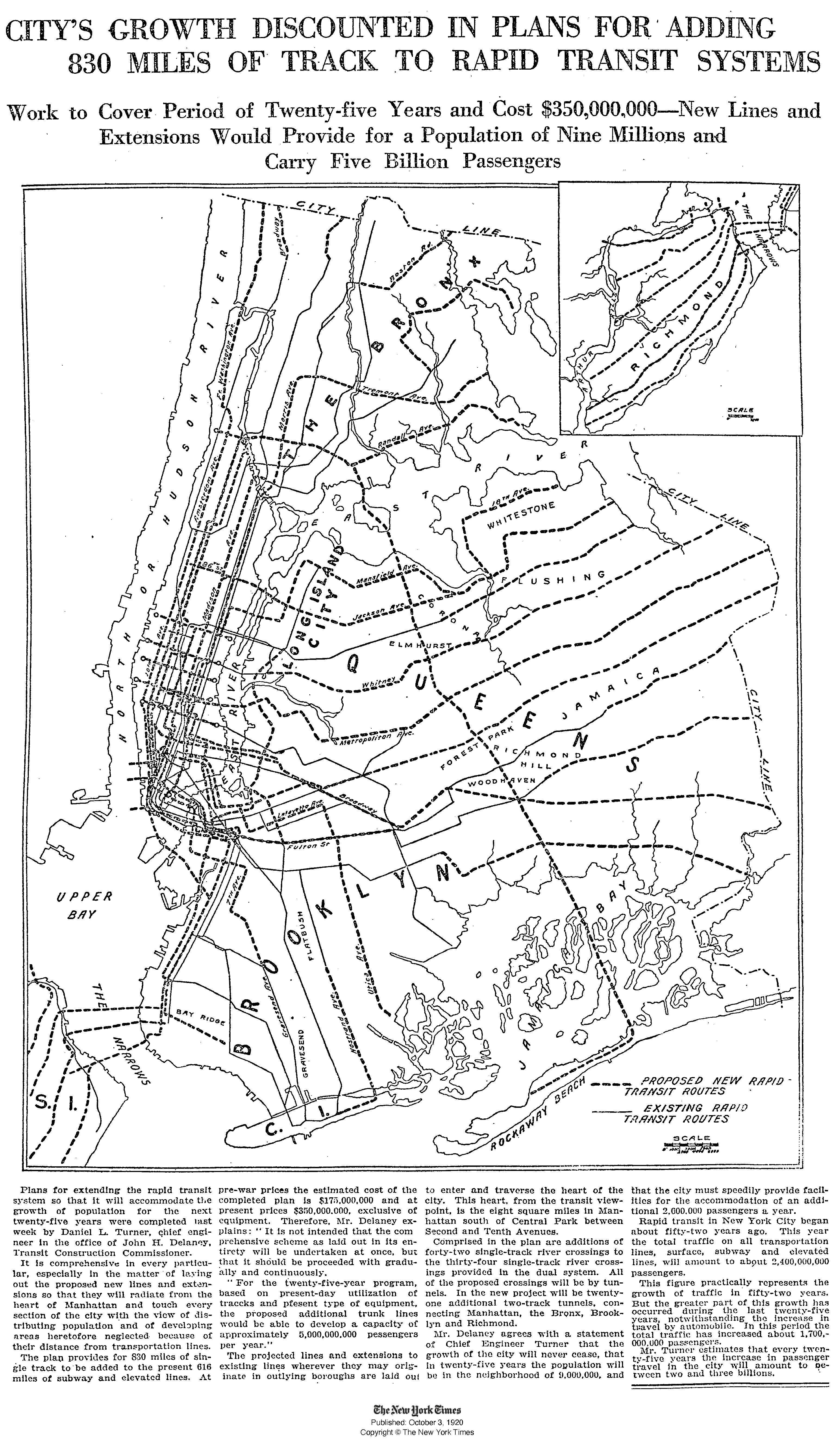 A 1920 proposed subway expansion map "by Daniel L. Turner, chief engineer in the office of John H. Delaney, Transit Construction Commissioner," published in the New York Times.