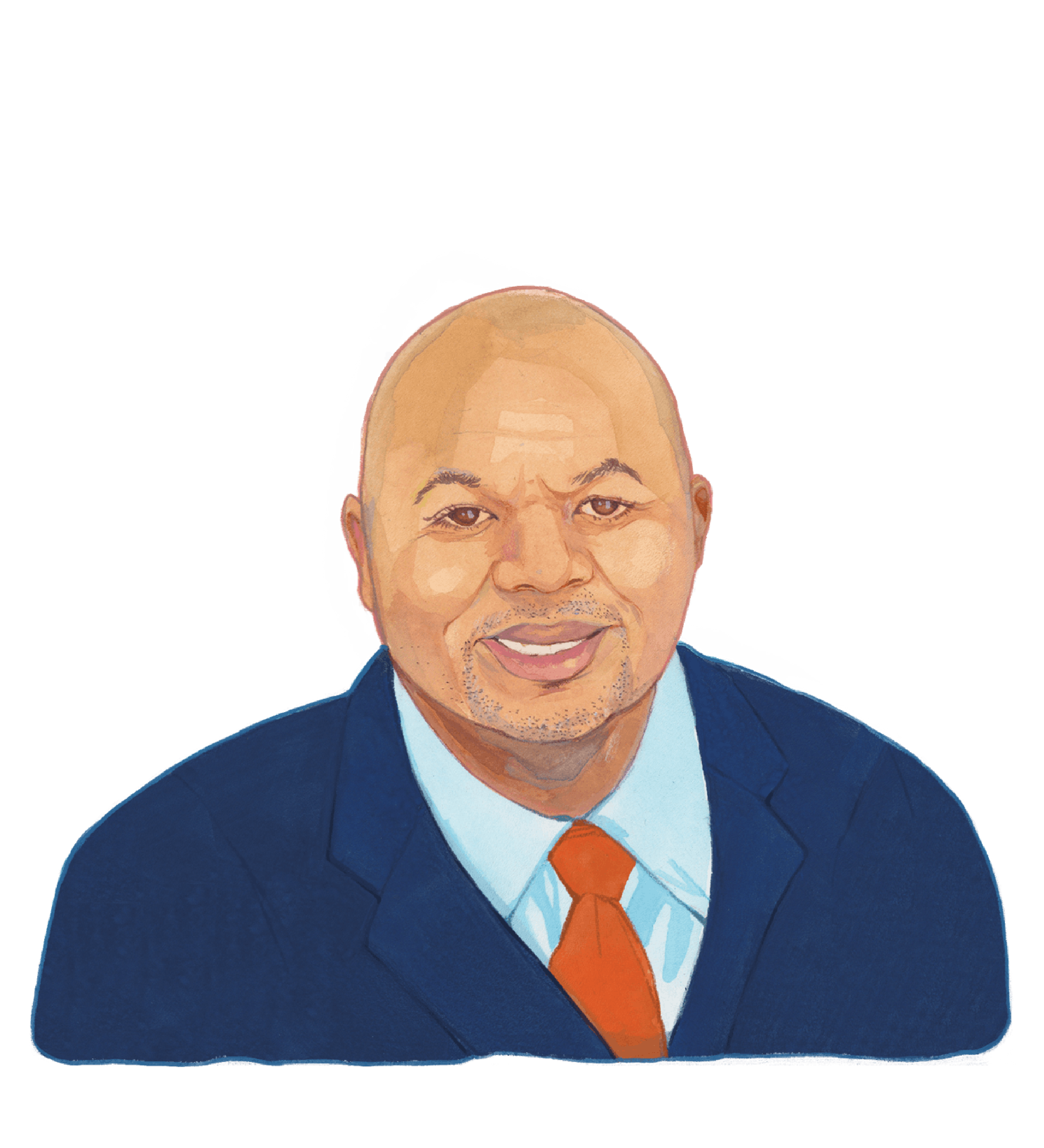 Color illustration of Rod K. Bunson, a person with a medium skin tone wearing a blue suit jacket and red necktie. They have a shaved head, light goatee, and a calm expression on their face.