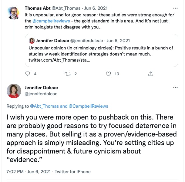 Screenshot of a tweet debate between Thomas Abt and Jennifer Doleac talking about the validity of crime studies and whether they can be used to inform a, quote, evidence-based approach. 