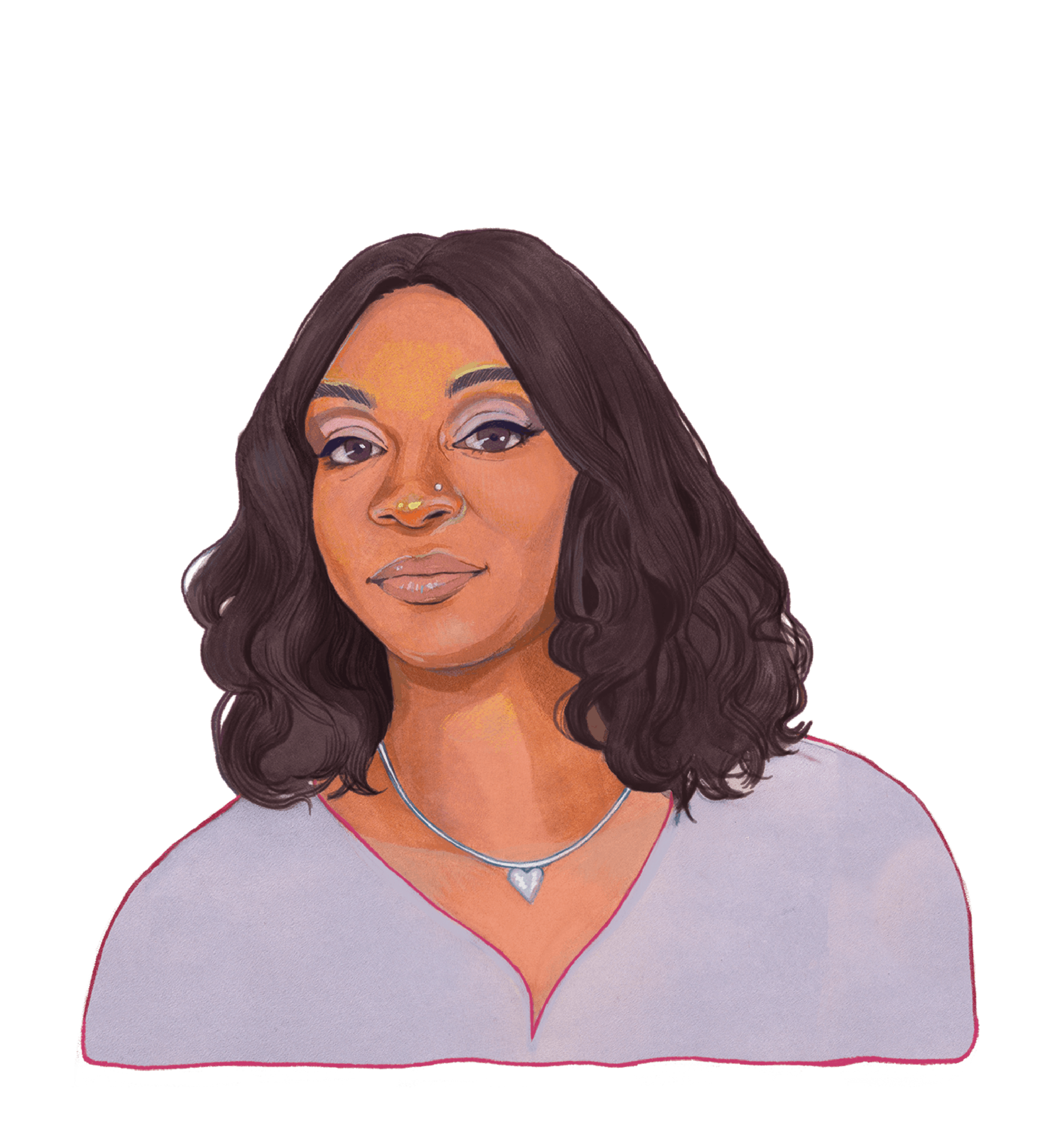 Color illustration of Renita Francois, a person with a medium-dark skin tone wearing a necklace and lilac shirt. They have parted dark brown shoulder length hair and a calm expression on their face.