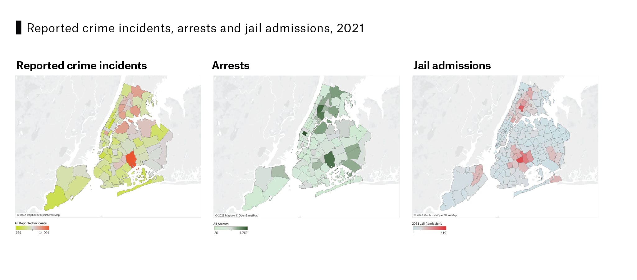 3 side-by-side area charts show crime, arrests, and jail admissions by precinct in 2021. Crime and arrests are mostly occurring in Brooklyn and the Bronx, surrounding areas where jail admissions are more concentrated.