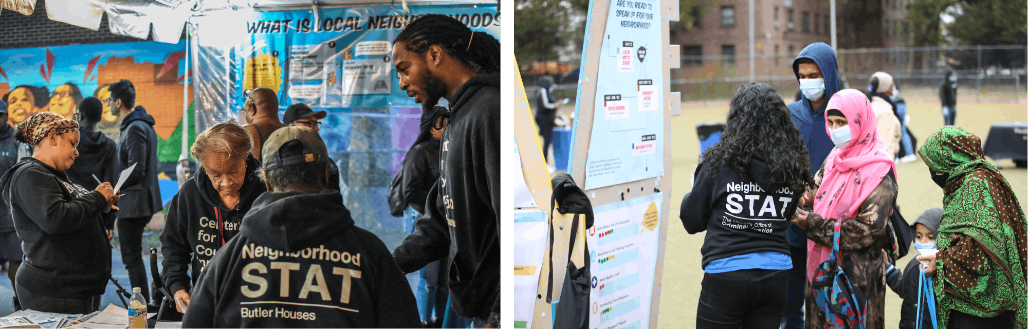 Local NeighborhoodStat participatory budgeting events, Butler Houses in 2019 and Bushwick Houses in 2021. Photos by Emmanuel Oni and Bill Harkins, Center for Court Innovation.