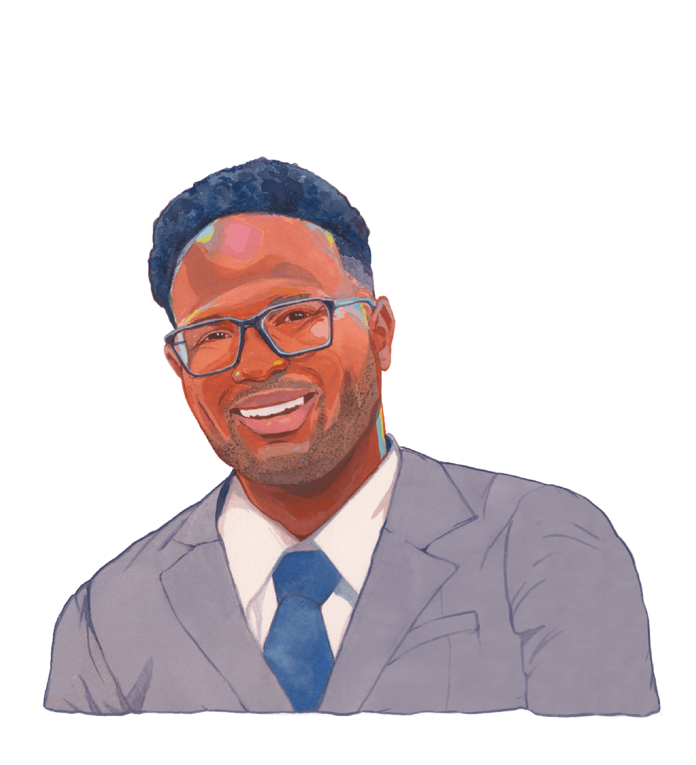 Color illustration of a smiling Morgan C. Williams Junior, a person with a medium-dark skin tone wearing a gray suit jacket and blue necktie. They wear eyeglasses, have black hair and a short dark brown beard.