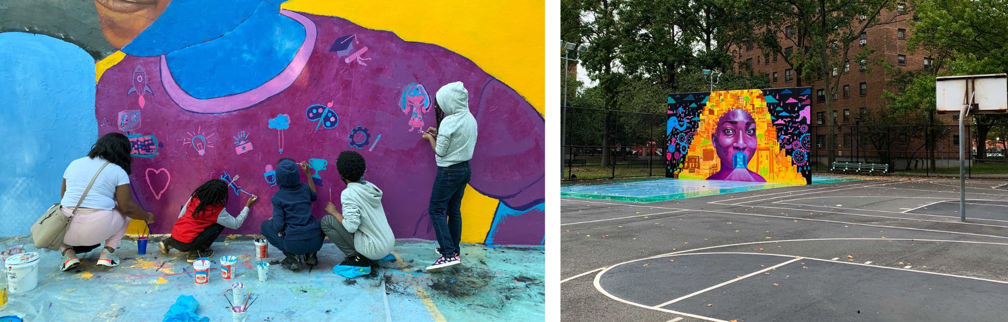 Left: Young residents painting a mural designed by the community and Joel Artista, 2020. Right: The completed mural.