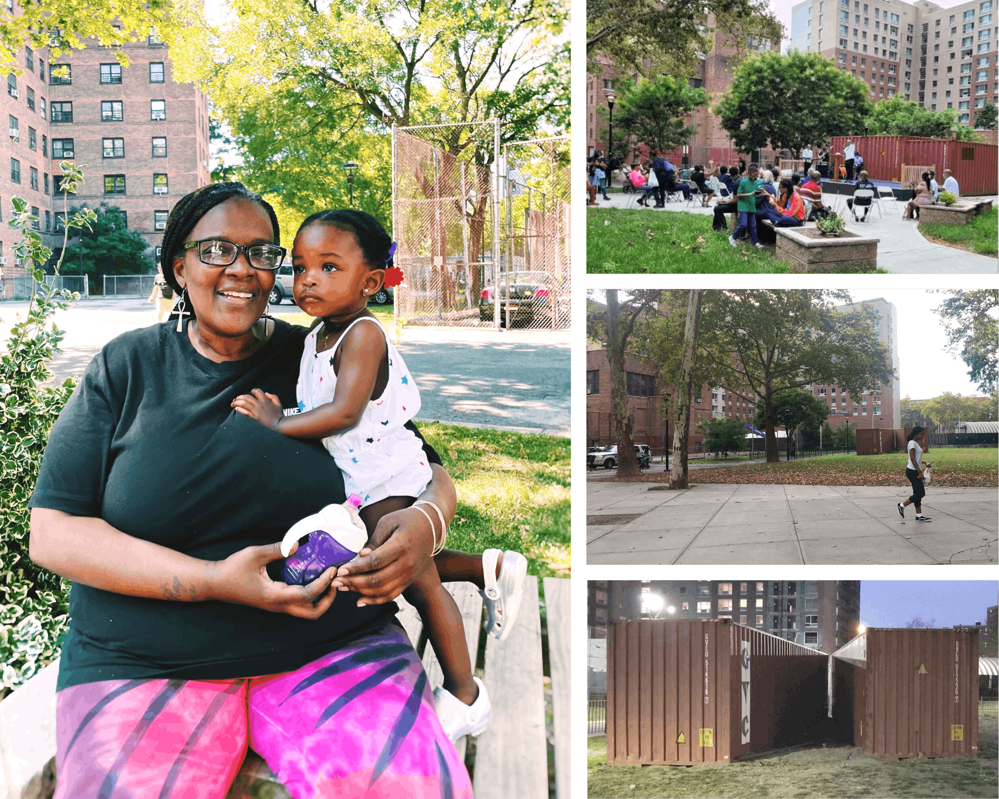 Left: Sharon Cotton. Photo by Layman Lee. Right: Event at Wagner Green Space at Wagner Houses, 2021-2022. Design support from Gabriel Vergara, Columbia Graduate School of Architecture, Planning and Preservation; Layman Lee and Isabel Saffon. Construction by 3D Construction. Photo by Ramon Caba, former MAP engagement coordinator of Wagner Houses.