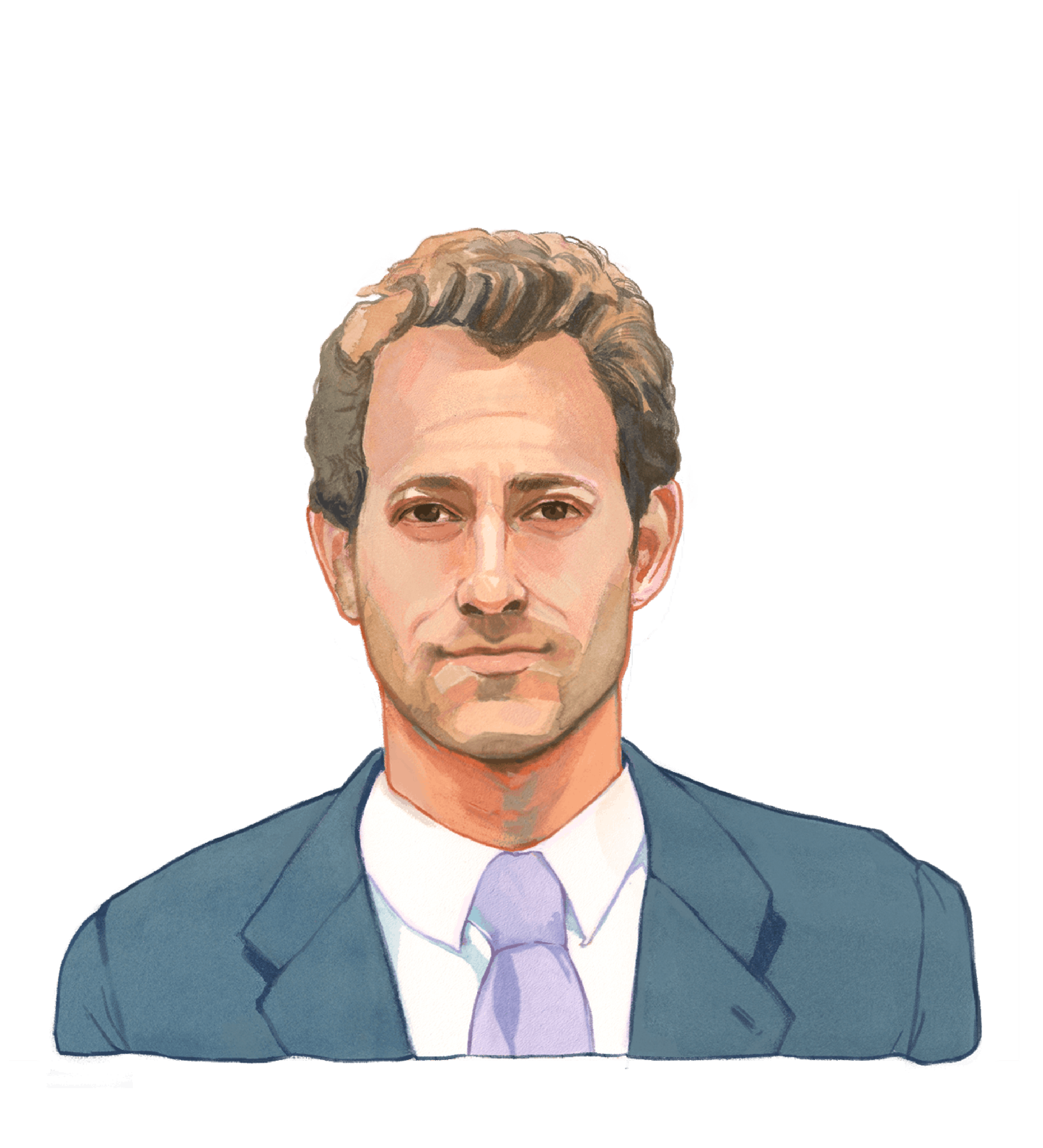 Color illustration of Ted Alcorn, a person with a light skin tone wearing a blue-gray suit jacket and lilac necktie. They have light brown hair and a calm expression on their face.