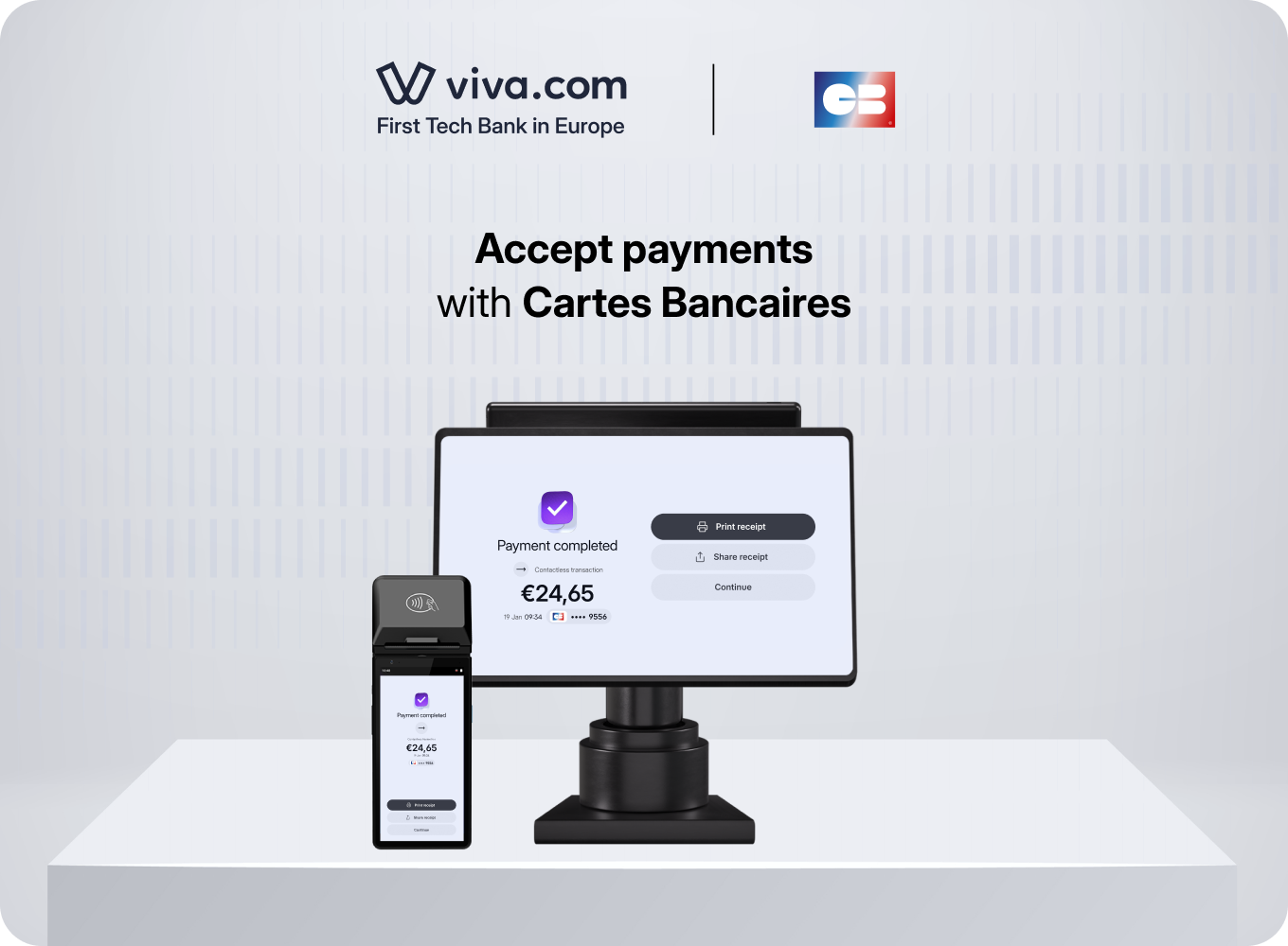 Viva.com and Cartes Bancaires logos above a POS terminal and handheld device showing a completed Cartes Bancaires card payment