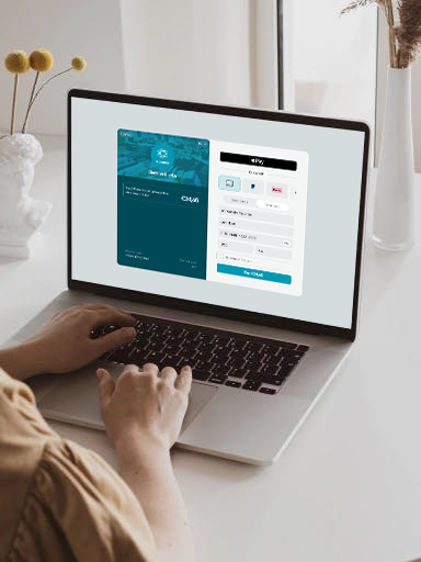 Online payment gateway in action — e-shop customer completing a purchase on a laptop via viva.com Smart Checkout, a self-updating payment gateway with multiple payment methods