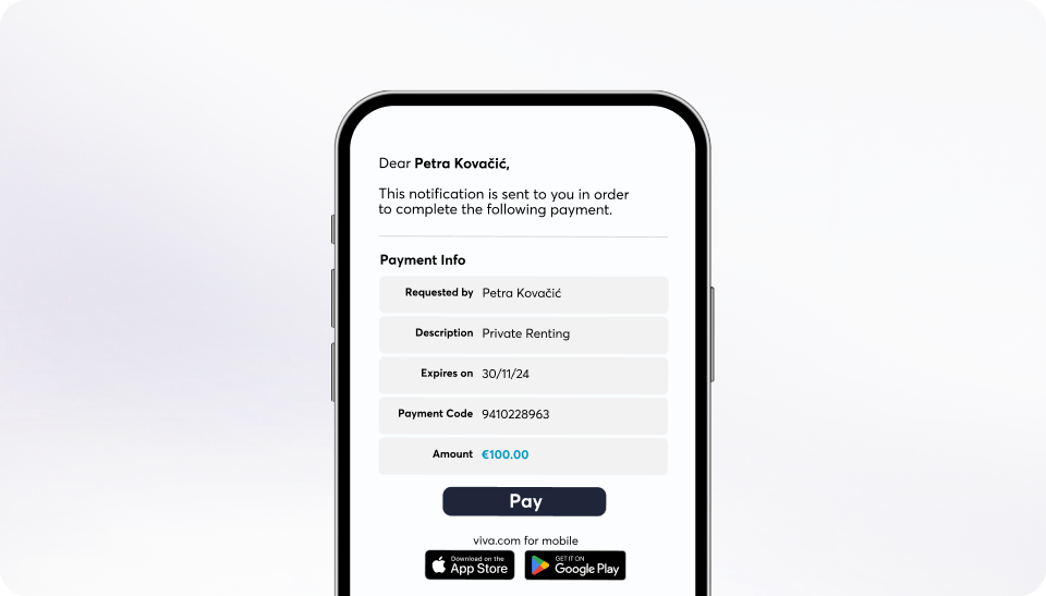 Viva.com mobile app showing a payment link request for a private rental of €100, with payment code and expiry date