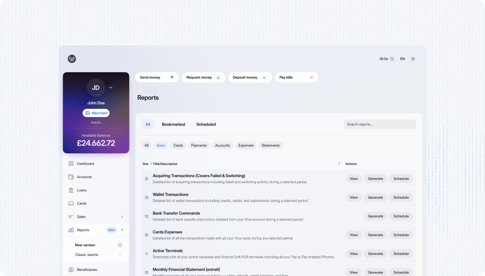 Business financial reports dashboard — viva.com account showing detailed sales, card, payment and expense reports with schedule and generate options for real-time financial management