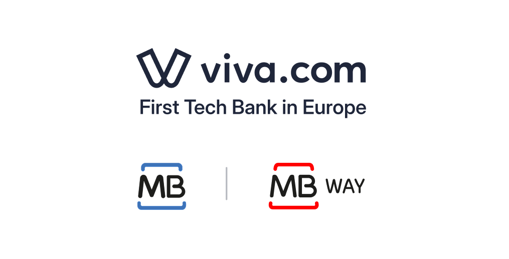 Viva.com First Tech Bank in Europe logo alongside MB and MB WAY payment method logos, showcasing payment integration for Portuguese merchants