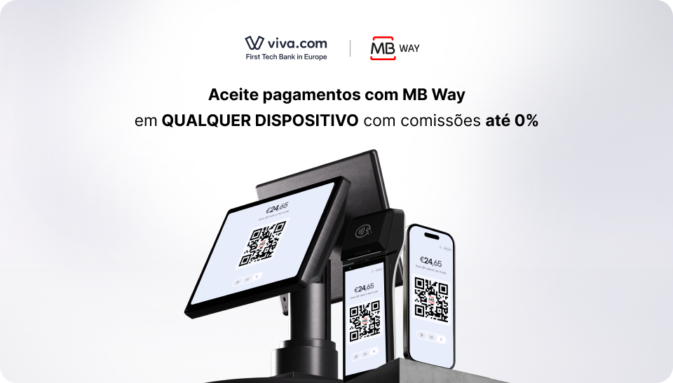 Viva.com and MB WAY logos above the headline "Accept payments with MB WAY on ANY device with fees down to 0%", with a POS terminal, a tablet, and a smartphone each displaying an MB WAY QR code checkout screen