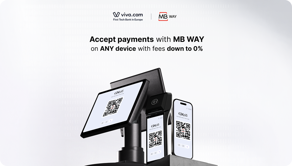 Viva.com and MB WAY logos above the headline "Accept payments with MB WAY on ANY device with fees down to 0%", with a POS terminal, a tablet, and a smartphone each displaying an MB WAY QR code checkout screen