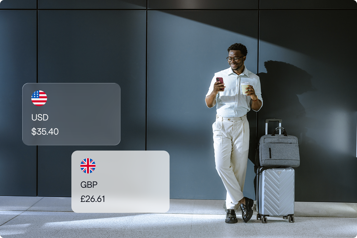 Dynamic Currency Conversion with viva.com — international traveller at airport with EUR and GBP currency selection overlay, accepting payments in 48 currencies to boost merchant revenue
