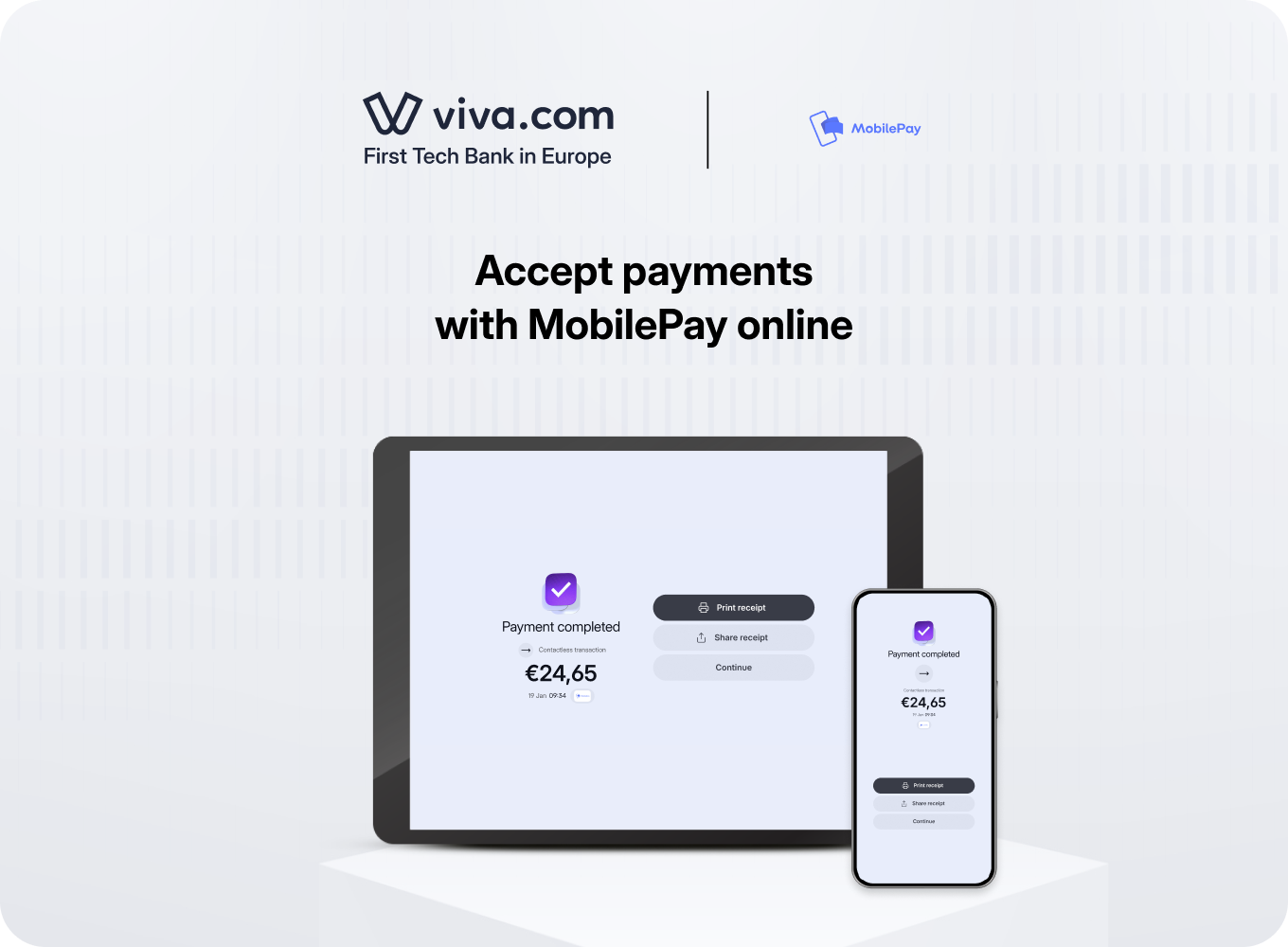 Viva.com First Tech Bank in Europe and MobilePay logos above a tablet and smartphone showing a completed MobilePay online payment of €24.65