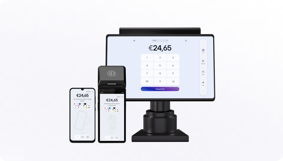 Viva.com Tap on Any Device payment solution displayed across three devices — a smartphone, a handheld POS terminal, and a tablet stand — all showing a €24,65 transaction screen
