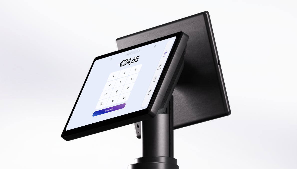 Self-service dual-screen POS kiosk — viva.com payment terminal showing €24,65 charge screen, ideal for unattended vending, table ordering and queue-busting checkout flows
