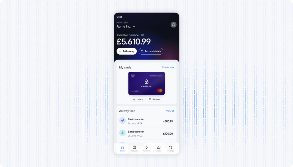 Secure business account management — viva.com mobile app showing available balance, locked card controls and bank transfer activity feed for full corporate spending visibility