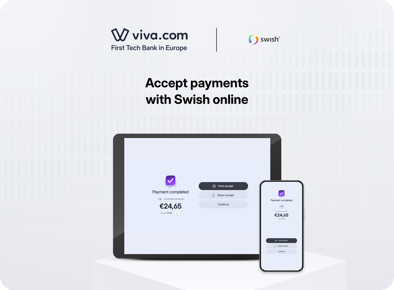 Viva.com First Tech Bank in Europe and Swish logos above a tablet and smartphone showing a completed Swish online payment of €24.65