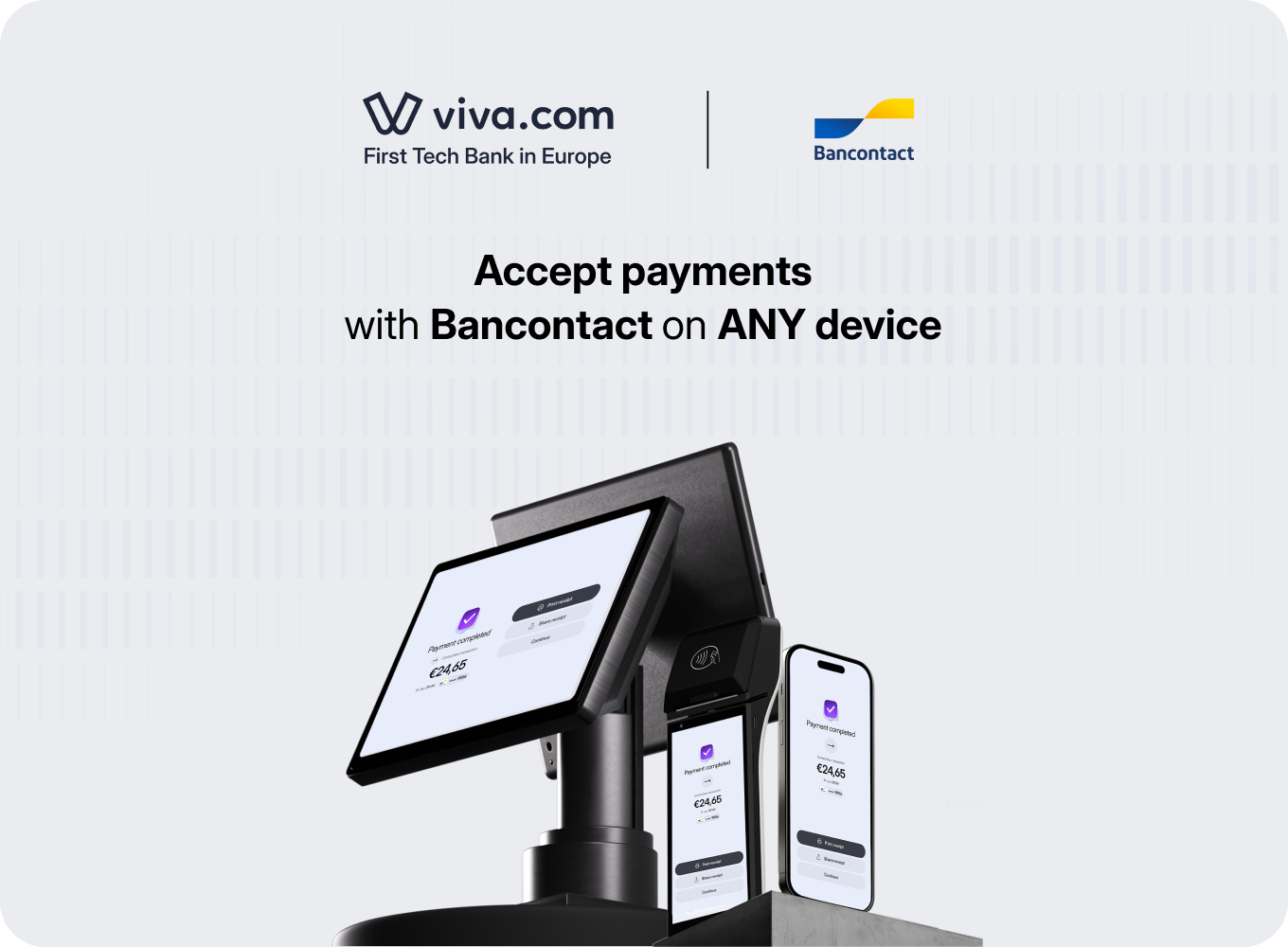 Viva.com and Bancontact logos above a POS terminal, handheld device and smartphone showing a completed Bancontact payment