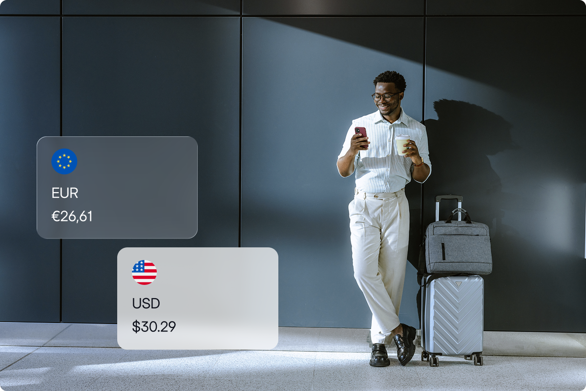 Dynamic Currency Conversion with viva.com — international traveller at airport with EUR and USD currency selection overlay, accepting payments in 48 currencies to boost merchant revenue