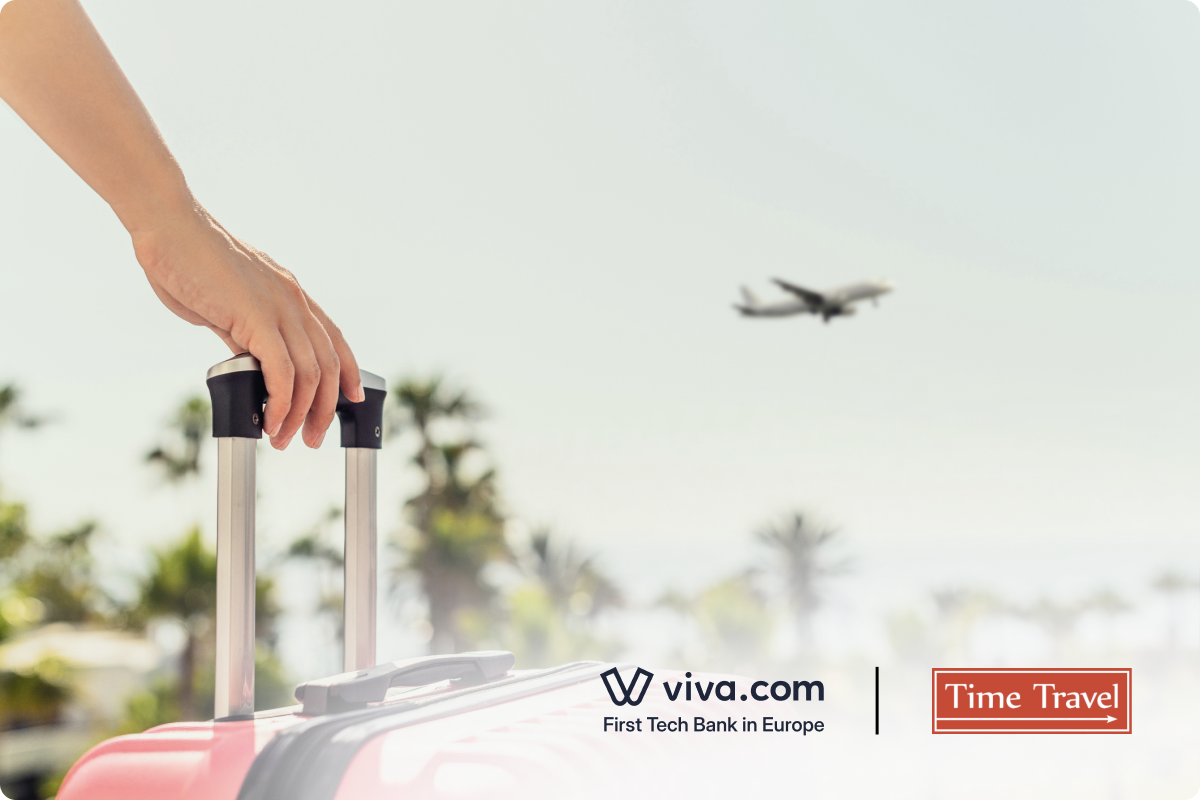 Traveler holding suitcase handle with airplane in the sky representing fast travel payments and instant settlements powered by Viva.com.