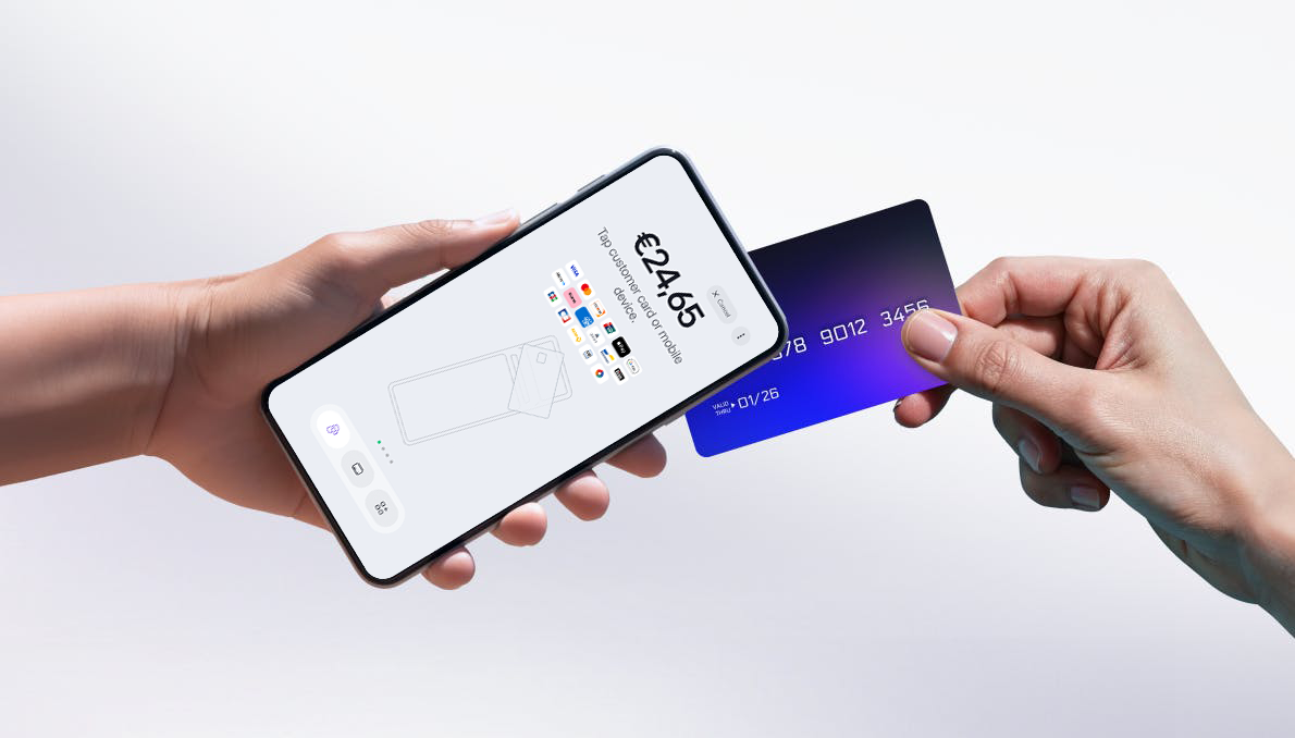 Mobile phone card payment — customer tapping Mastercard on viva.com Terminal app smartphone SoftPOS, accepting contactless payments with 40+ payment methods, no hardware needed