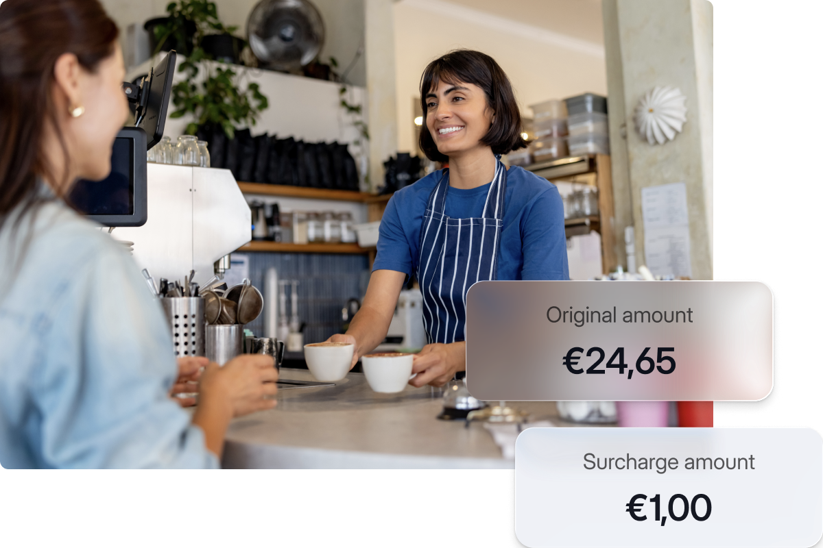Surcharge payment solution for merchants — smiling barista serving coffee with viva.com surcharge overlay showing original amount €24,65 and surcharge fee €1,00 at point of sale