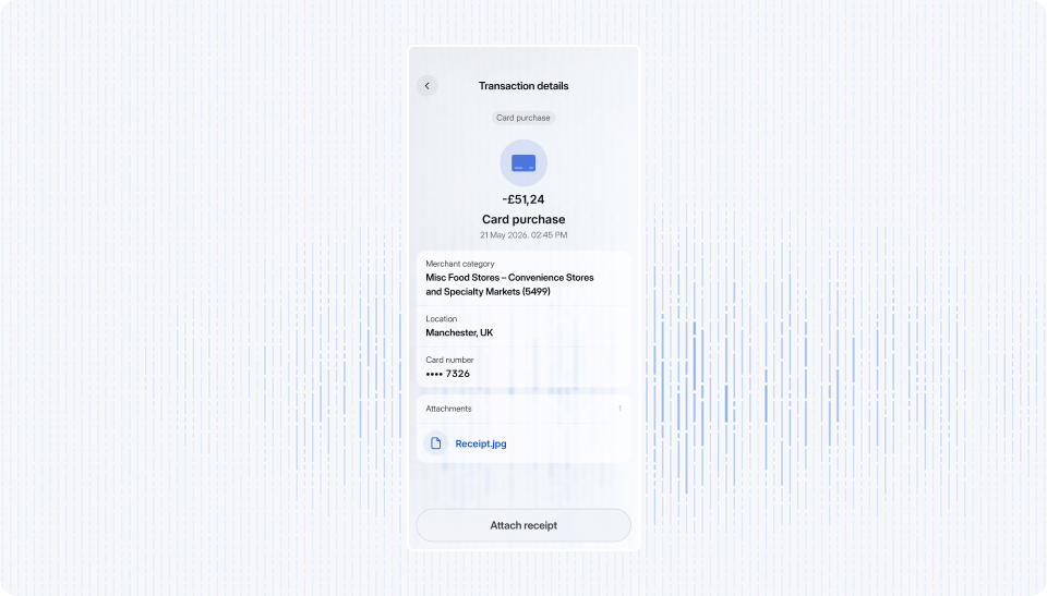 Real-time spending tracking — viva.com business account transaction details screen showing card purchase, merchant category, location and receipt attachment for expense management