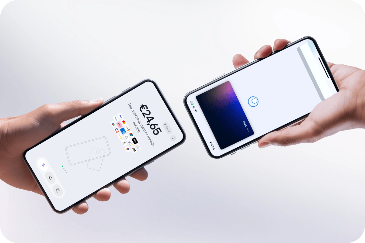 Tap to Pay on phone — viva.com Terminal app showing €24,65 contactless payment request on mobile phone, with customer tapping iPhone mobile wallet, no extra hardware needed