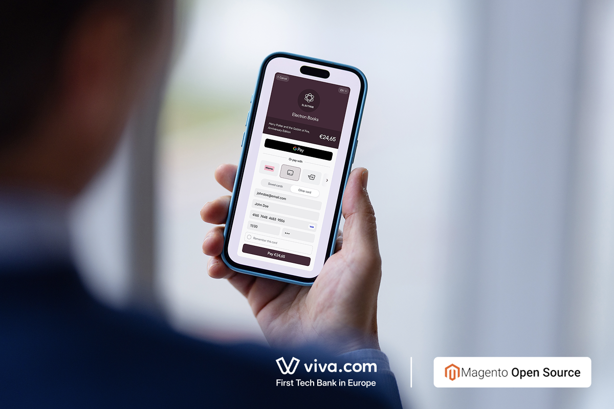 Person holding a smartphone displaying the Viva.com checkout page with multiple payment options including Google Pay, and Klarna and card payment on a Magento Open Source storefront, with the Viva.com and Magento Open Source logos shown below