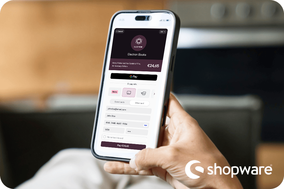 Shopware payment gateway integration — customer completing a checkout on mobile via viva.com Smart Checkout, with Google Pay, Klarna and card payment methods displayed