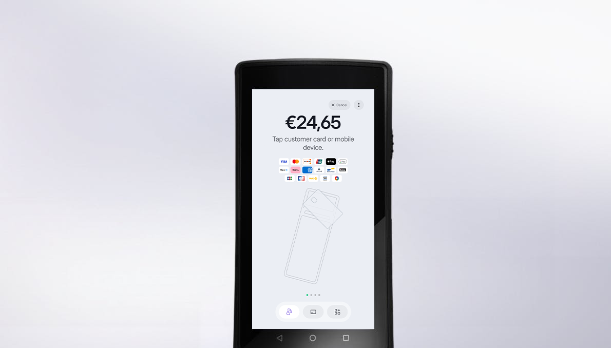 Handheld mobile POS terminal — viva.com Terminal app showing €24,65 contactless payment screen with 40+ payment methods, enabling secure transactions anywhere for mobile checkout