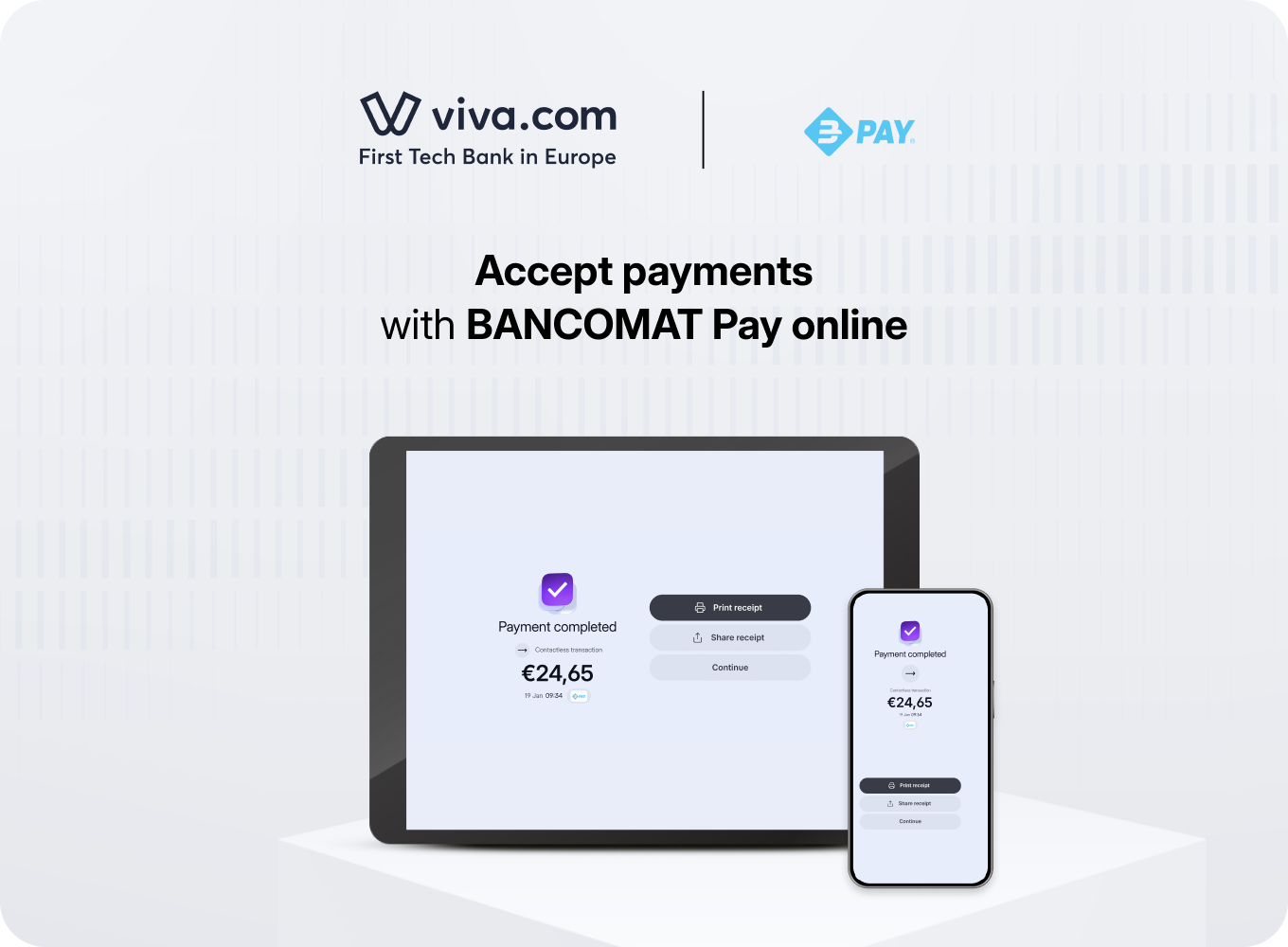 Viva.com and BANCOMAT Pay logos with the text “Accept payments with BANCOMAT Pay online”, above a tablet and smartphone showing a completed €24.65 payment