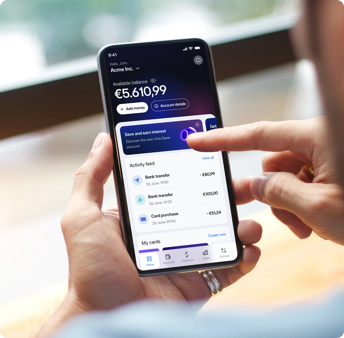 Business owner viewing their Viva.com Business Savings Account balance and daily interest earnings in the mobile app.