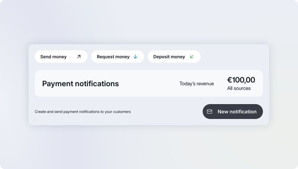 Viva.com fizetési értesítések irányítópultja — pénzküldési, pénzkérési és pénzbefizetési lehetőségek, email payment link eszközzel, amely a mai €100-os bevételt mutatja, kereskedők számára