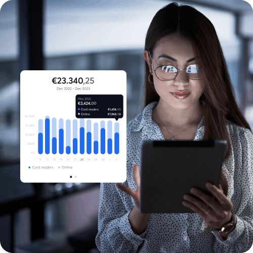 Woman analysing sales data on a tablet, with a bar chart showing monthly revenue from card readers and online payments.
