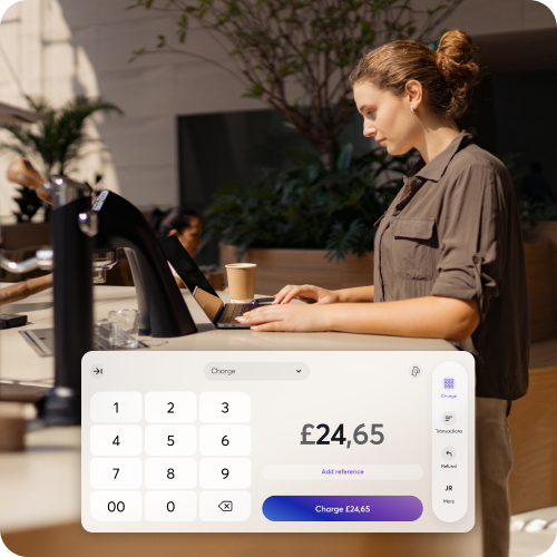 Picture of a restaurant or café owner accepting digital payments at a POS terminal, showcasing modern payment solutions for hospitality businesses.