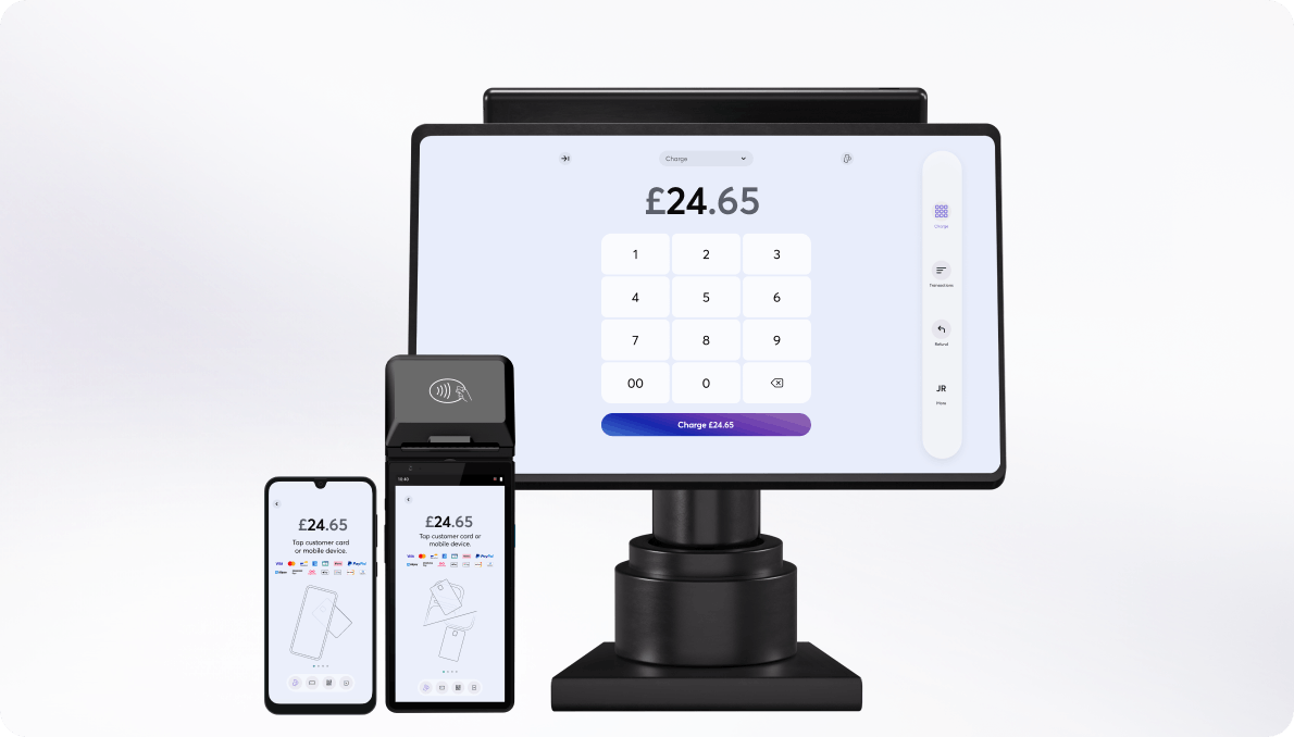 In-person payment solution by Viva.com displayed across multiple compatible devices, including smart terminals and POS systems, designed for seamless face-to-face transactions.