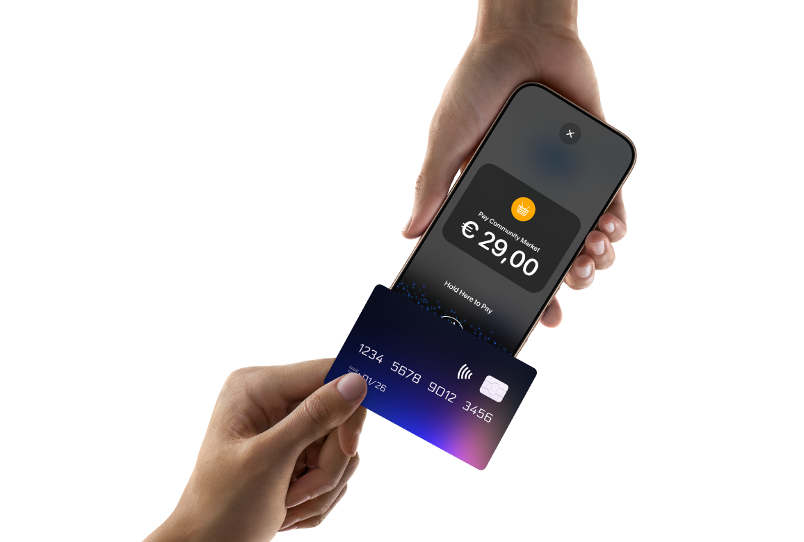 One hand holding an Iphone displaying a transaction in euros and another hand holding a card