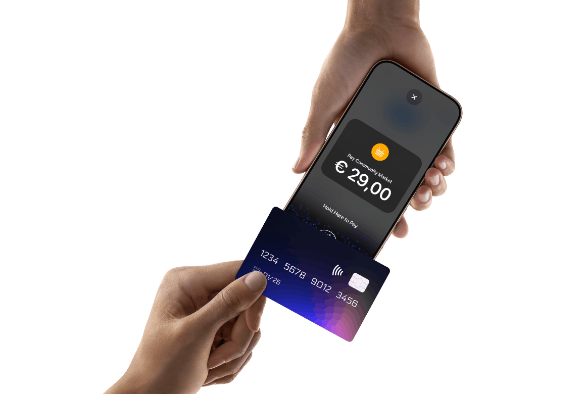One hand holding an Iphone displaying a transaction in euros and another hand holding a card