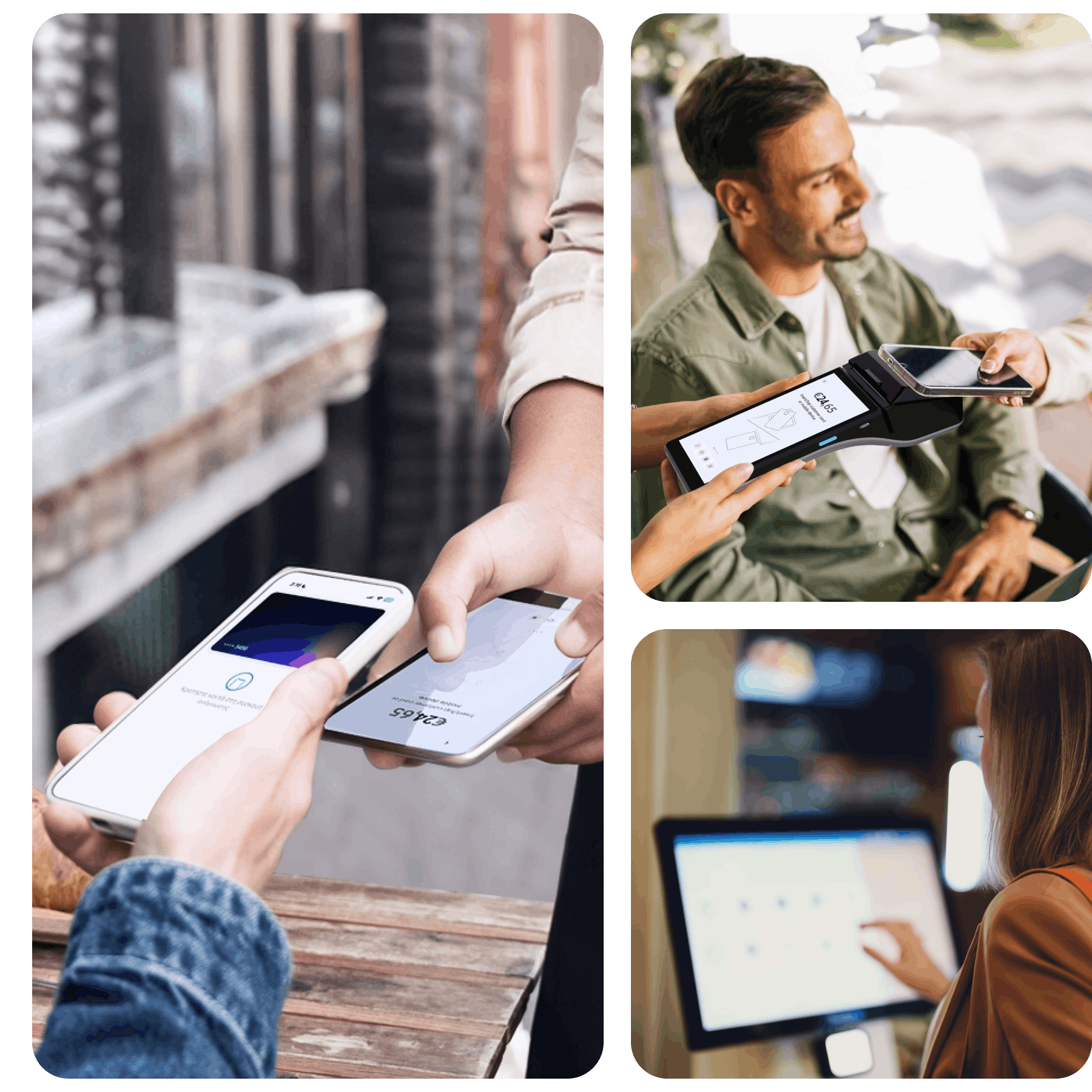 Three payment scenarios showing in-person transactions: contactless mobile payment at retail counter, customer using POS terminal at cafe, and person using self-service kiosk payment system