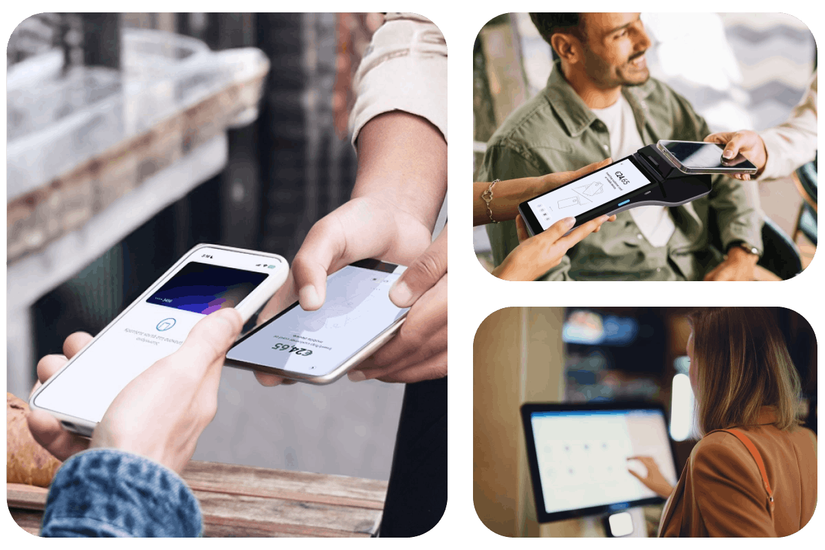 Three payment scenarios showing in-person transactions: contactless mobile payment at retail counter, customer using POS terminal at cafe, and person using self-service kiosk payment system