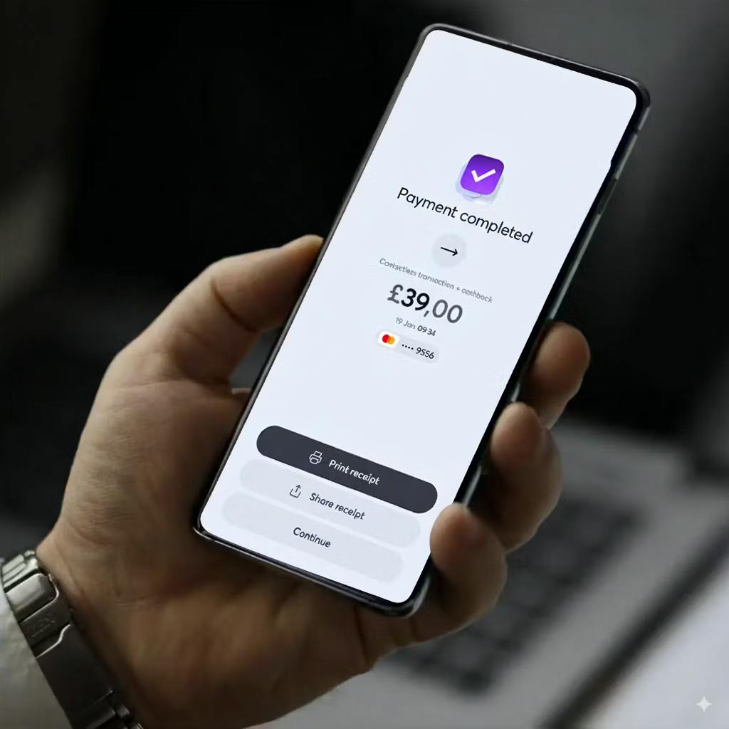 Mobile phone displaying Viva.com payment completion screen showing a successful £39.00 transaction with purple checkmark icon, print receipt and share receipt options