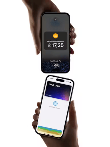 Two iPhones demonstrating Tap to Pay transaction - merchant phone displaying £17.25 payment request with contactless icon, customer phone showing Apple Pay wallet ready to complete payment
