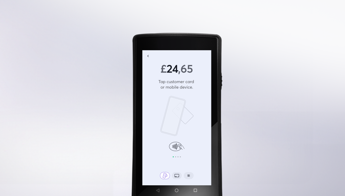 Handheld Viva.com POS terminal showing £24.65 payment screen with tap card or mobile device instruction and contactless payment icon