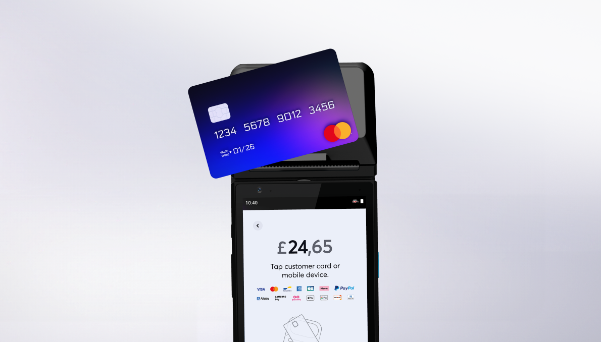 Viva.com POS terminal displaying £24.65 payment request with multiple payment method icons including Visa, Mastercard, PayPal, and contactless symbol, blue gradient card inserted in reader