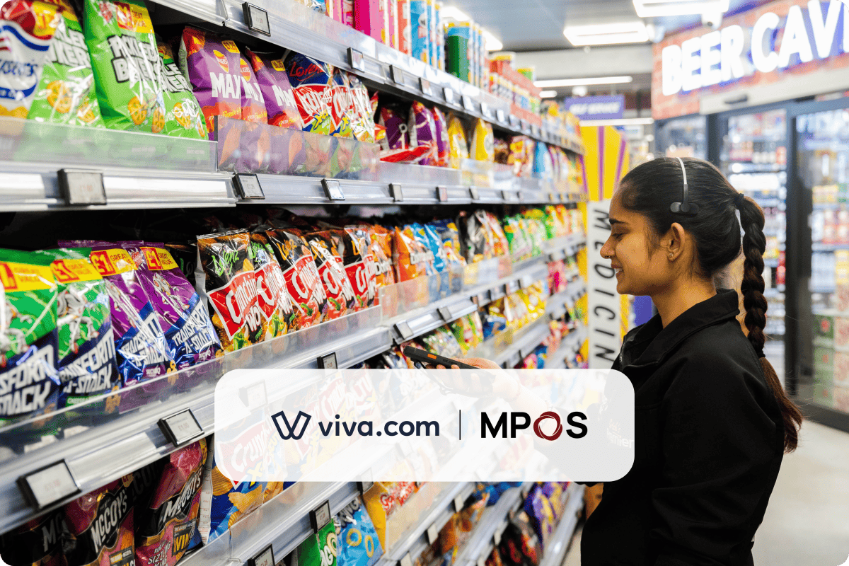 Shopkeeper in a UK convenience scanning product, representing Mhouse and Viva.com payment solutions for convenience stores.
