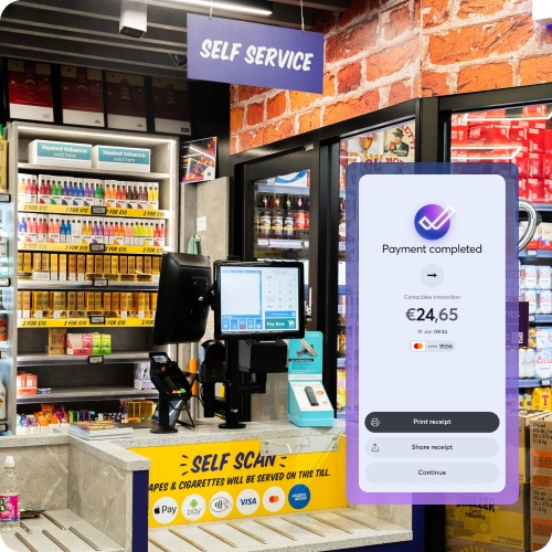 Self-service checkout counter in a store showing a completed contactless transaction of €24.65 using Viva.com payment system.